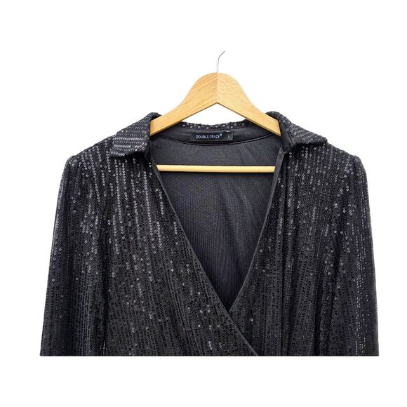 Double Crazy Black Sequin Long Sleeve Wrap Dress L - Picture 4 of 8